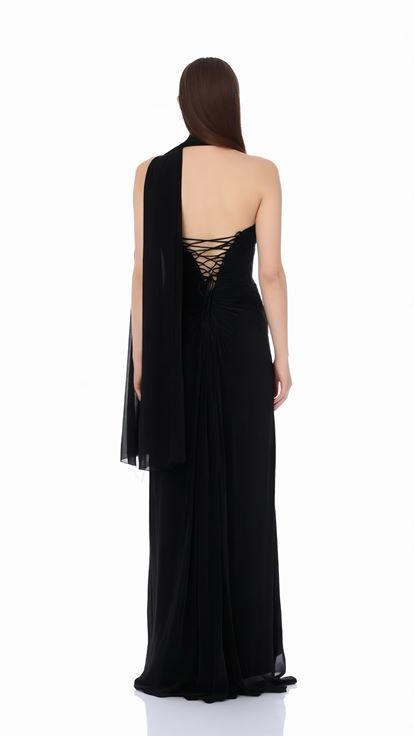 Siyah Asimetrik Yaka Yırtmaçlı Dior Organze Abiye Elbise
