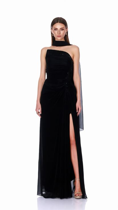 Siyah Asimetrik Yaka Yırtmaçlı Dior Organze Abiye Elbise