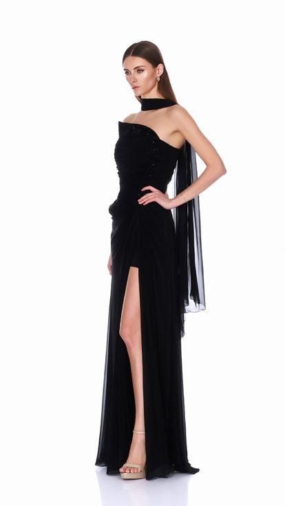 Siyah Asimetrik Yaka Yırtmaçlı Dior Organze Abiye Elbise
