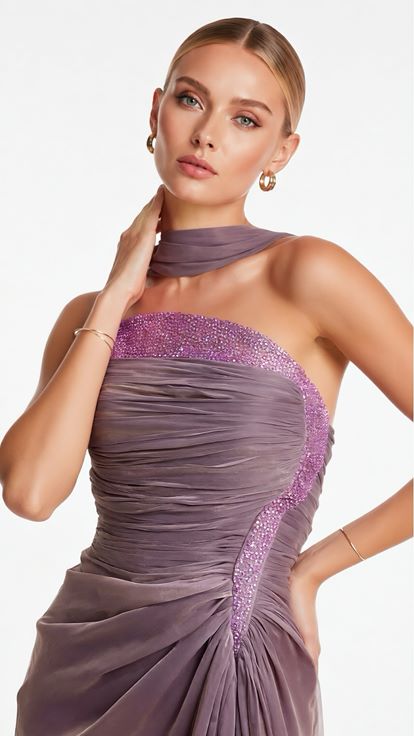 Gül Kurusu Asimetrik Drape Detaylı Yırtmaçlı Dior Organze Abiye Elbise