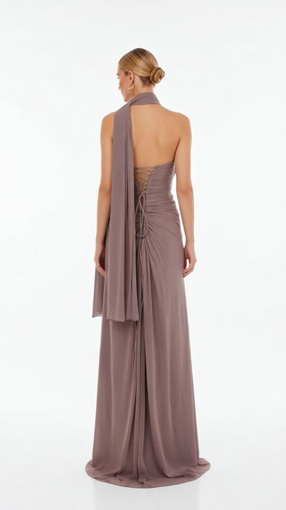 Gül Kurusu Asimetrik Drape Detaylı Yırtmaçlı Dior Organze Abiye Elbise