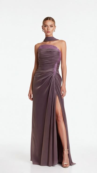Gül Kurusu Asimetrik Drape Detaylı Yırtmaçlı Dior Organze Abiye Elbise