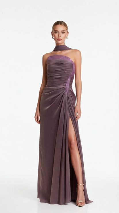 Gül Kurusu Asimetrik Drape Detaylı Yırtmaçlı Dior Organze Abiye Elbise