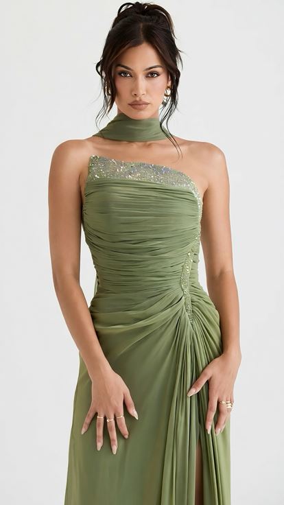 Haki Yeşili Drape Detaylı Taş İşlemeli Organze Abiye Elbise