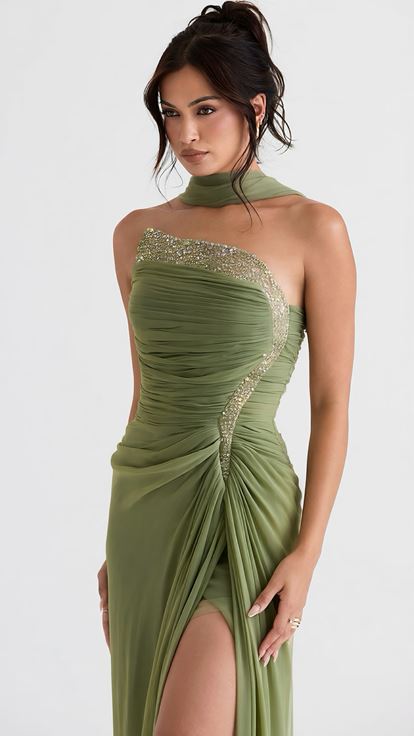 Haki Yeşili Drape Detaylı Taş İşlemeli Organze Abiye Elbise