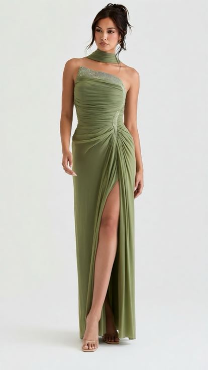 Haki Yeşili Drape Detaylı Taş İşlemeli Organze Abiye Elbise