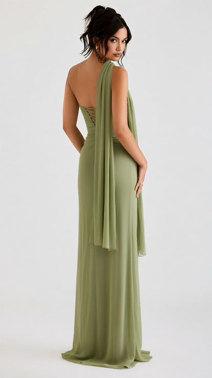 Haki Yeşili Drape Detaylı Taş İşlemeli Organze Abiye Elbise