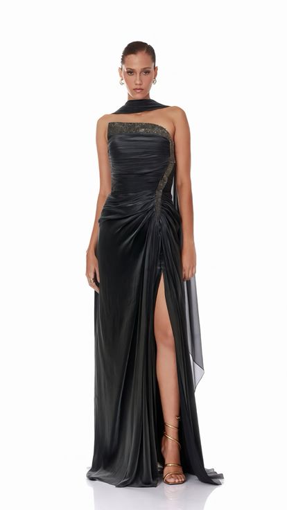 Siyah Asimetrik Taş İşlemeli Drape Detaylı Dior Organze Abiye