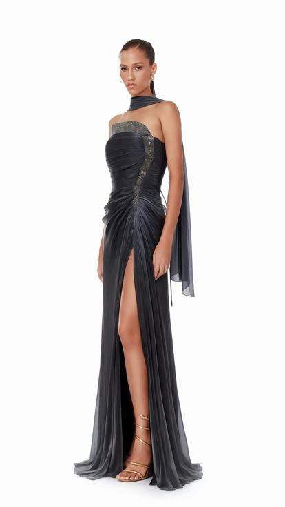 Siyah Asimetrik Taş İşlemeli Drape Detaylı Dior Organze Abiye