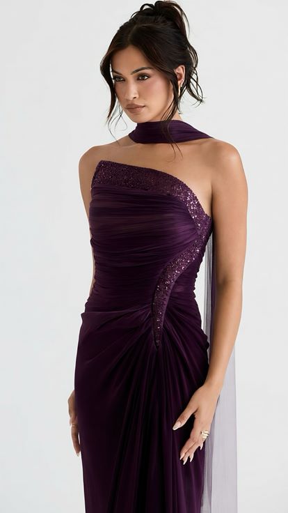 Mor Rengi Asimetrik Yaka Drape Detaylı Dior Organze Abiye Elbise
