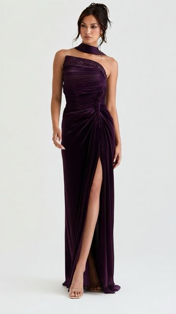 Mor Rengi Asimetrik Yaka Drape Detaylı Dior Organze Abiye Elbise