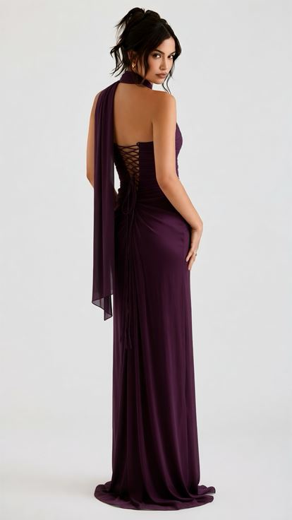 Mor Rengi Asimetrik Yaka Drape Detaylı Dior Organze Abiye Elbise