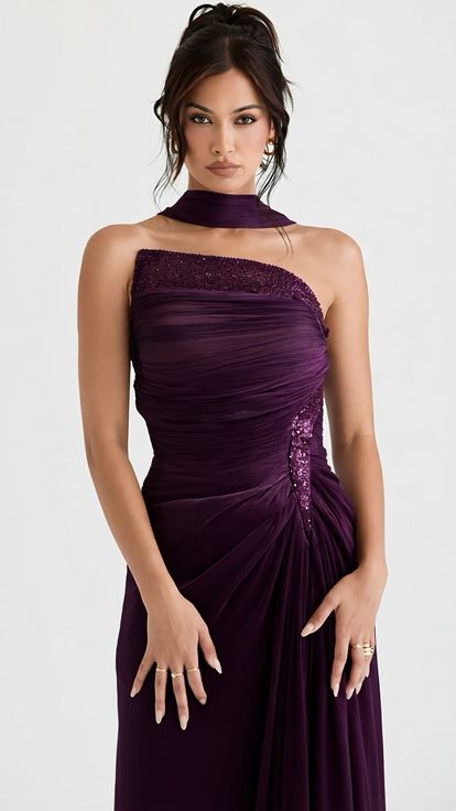 Mor Rengi Asimetrik Yaka Drape Detaylı Dior Organze Abiye Elbise