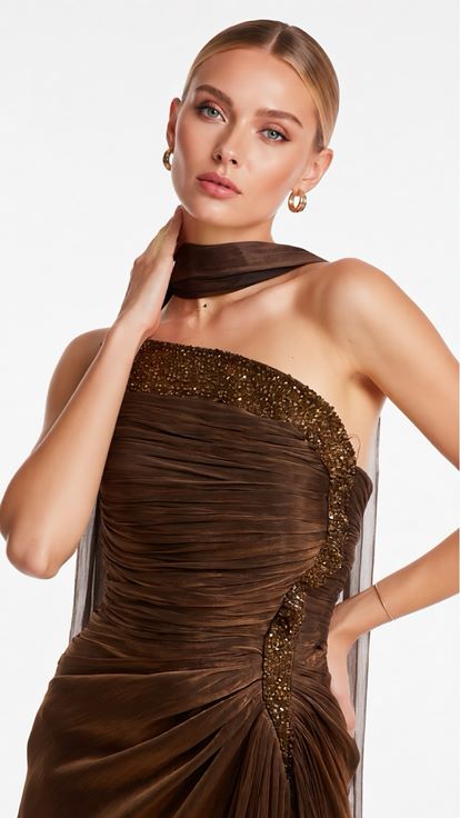 Bakır Asimetrik Yaka Drape Detaylı Dior Organze Abiye Elbise