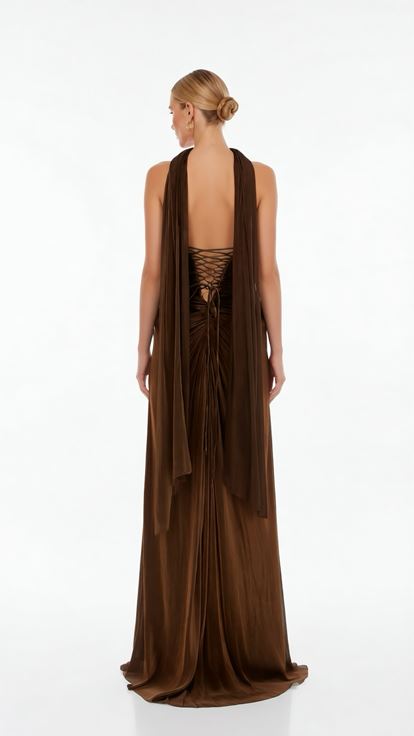 Bakır Asimetrik Yaka Drape Detaylı Dior Organze Abiye Elbise