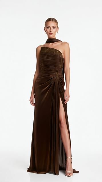 Bakır Asimetrik Yaka Drape Detaylı Dior Organze Abiye Elbise