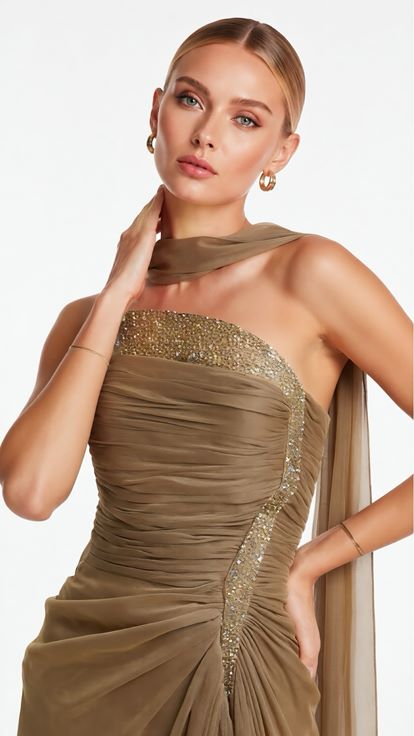 Gold Asimetrik Yaka Drape Detaylı Dior Organze Abiye Elbise