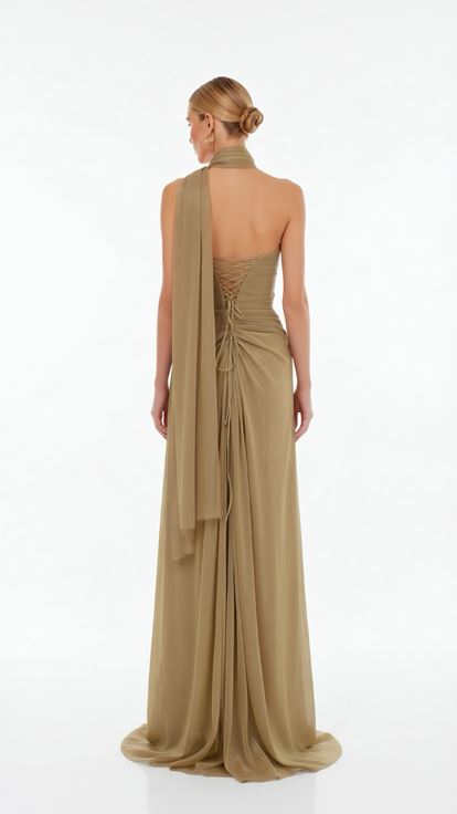 Gold Asimetrik Yaka Drape Detaylı Dior Organze Abiye Elbise