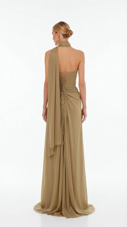 Gold Asimetrik Yaka Drape Detaylı Dior Organze Abiye Elbise