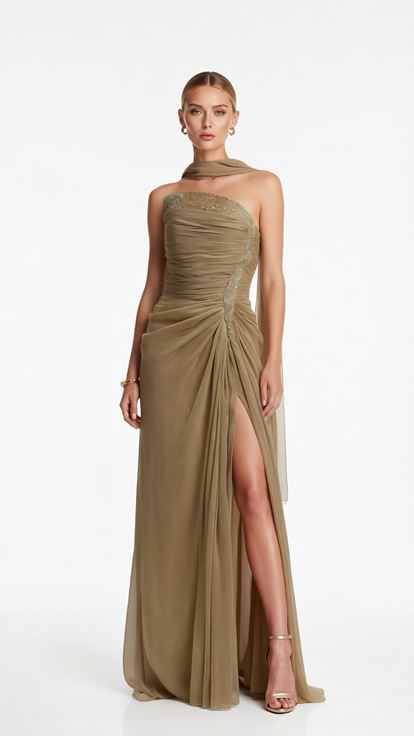 Gold Asimetrik Yaka Drape Detaylı Dior Organze Abiye Elbise