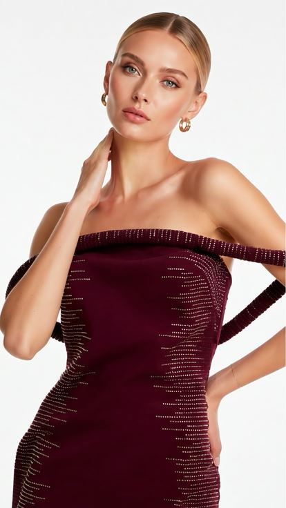 Bordo Straplez Taşlı Abiye Elbise