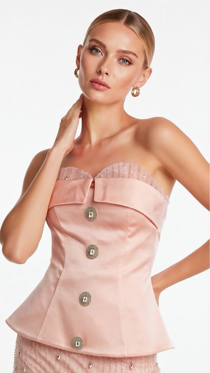 Straplez Baskılı Peplum Krep Saten Taş İşlemeli Abiye Elbise - Pudra