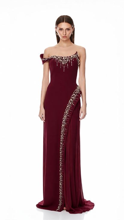 Bordo Asimetrik Abiye Elbise