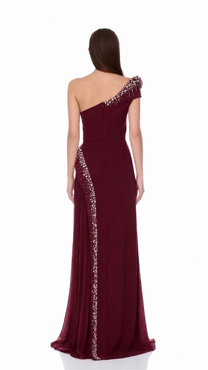 Bordo Asimetrik Abiye Elbise