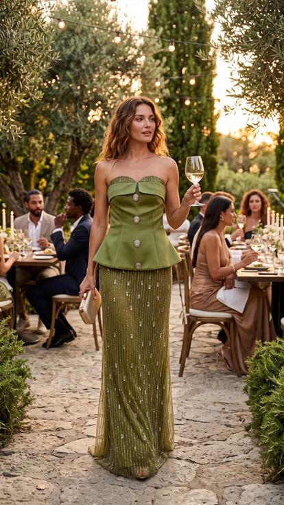 Taş İşlemeli Krep Saten Straplez Peplum Detaylı Lüks Gece Elbisesi - Haki