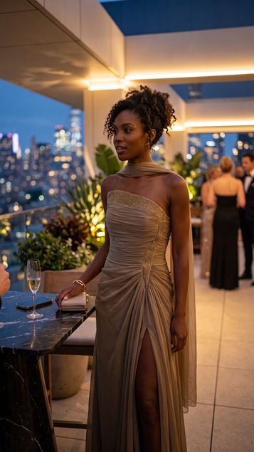 Gold Asimetrik Yaka Drape Detaylı Dior Organze Abiye Elbise