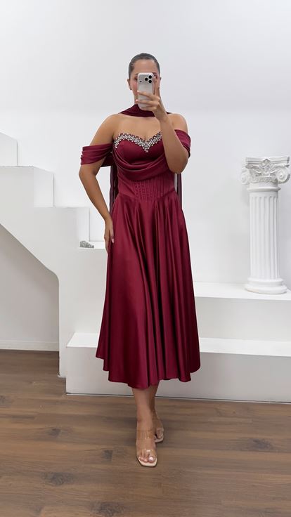 Bordo Renk Krep Saten Abiye Elbise