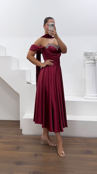 Bordo Renk Krep Saten Abiye Elbise