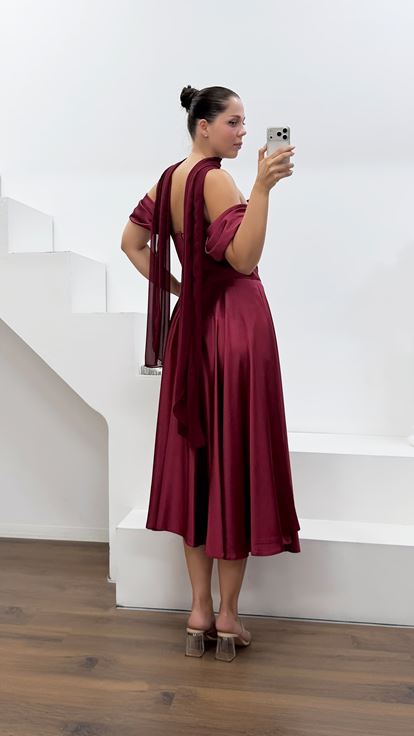 Bordo Renk Krep Saten Abiye Elbise