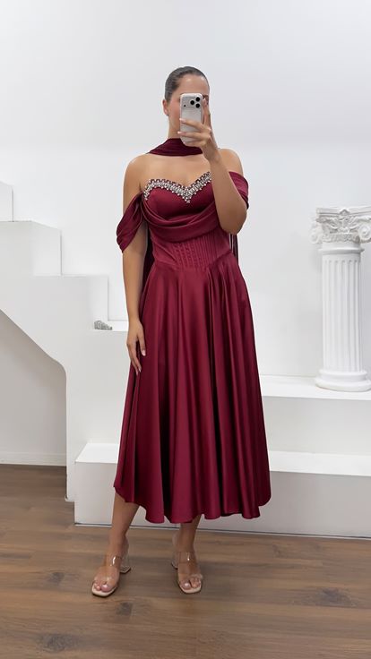 Bordo Renk Krep Saten Abiye Elbise