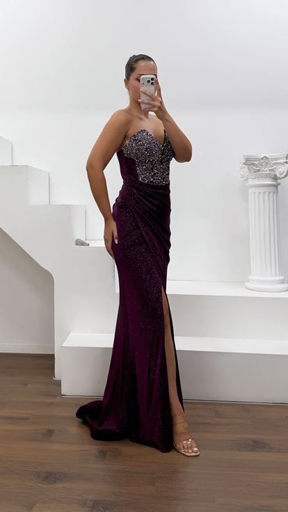 Vestido de Noche Ciruela de Tela Lycra Purpurina Cristal