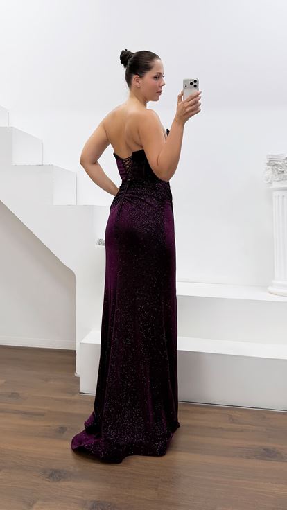 Vestido de Noche Ciruela de Tela Lycra Purpurina Cristal