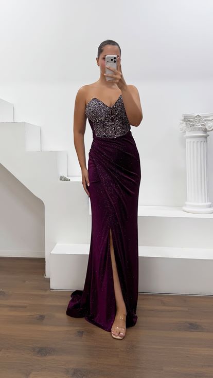 Vestido de Noche Ciruela de Tela Lycra Purpurina Cristal