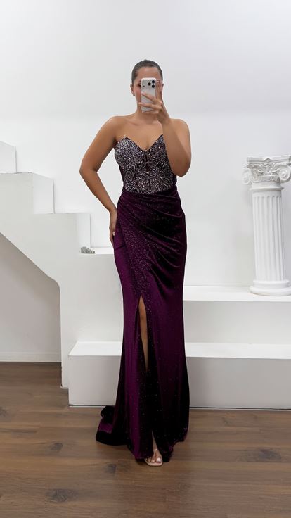 Vestido de Noche Ciruela de Tela Lycra Purpurina Cristal