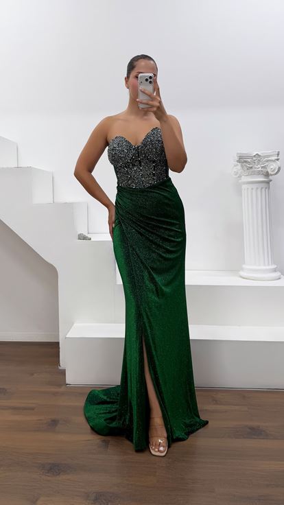 Vestido de Noche Esmeralda de Tela Lycra Purpurina Cristal