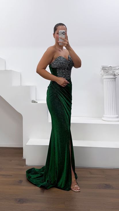 Vestido de Noche Esmeralda de Tela Lycra Purpurina Cristal