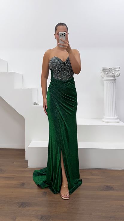 Vestido de Noche Esmeralda de Tela Lycra Purpurina Cristal