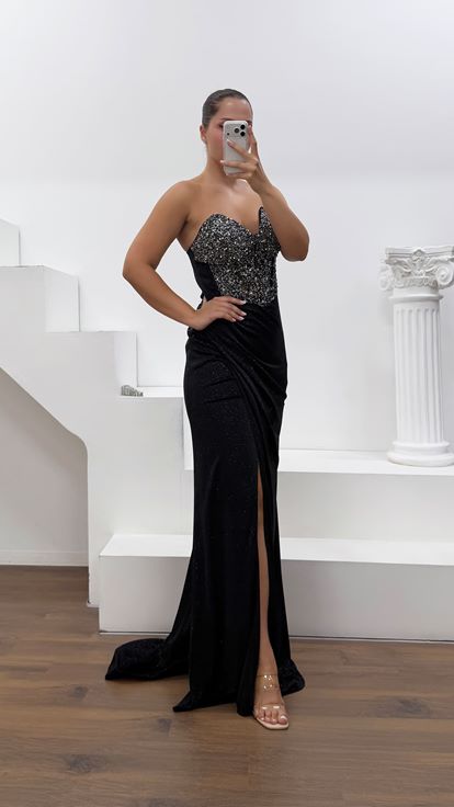 Vestido de Noche Negro de Tela Lycra Purpurina Cristal