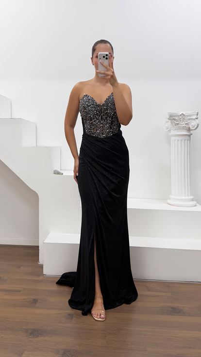 Vestido de Noche Negro de Tela Lycra Purpurina Cristal