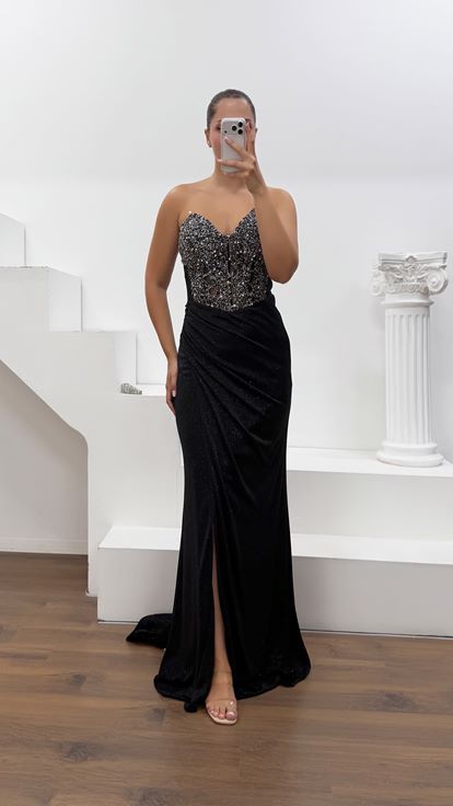 Vestido de Noche Negro de Tela Lycra Purpurina Cristal