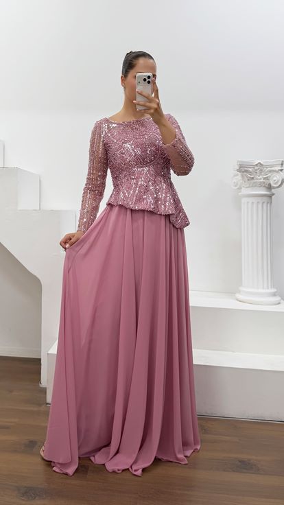 Pudra Pul Payet  Şifon Büyük Beden Abiye Elbise