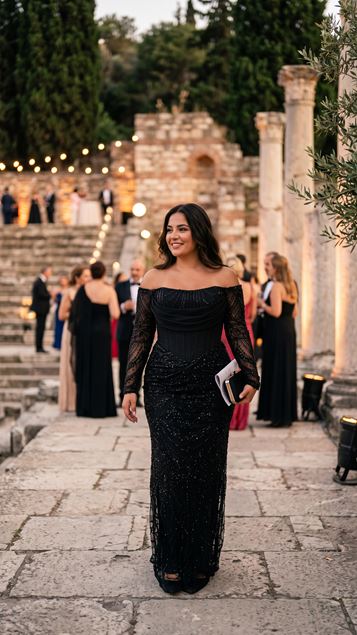 Vestido de Noche Negro de Tul con Pedrería y Hombros Descubiertos