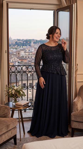 Vestido de Noche Azul Marino de Manga Larga con Tul Bordado y Gasa