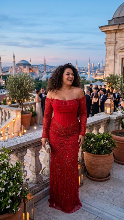 Vestido de Noche Rojo de Tul con Pedrería y Hombros Descubiertos