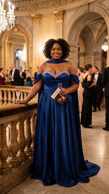 Vestido de Noche Azul Marino de Satén Crepé con Pedrería