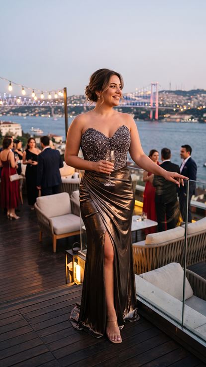 Vestido de Noche Cobre de Tela Lamé